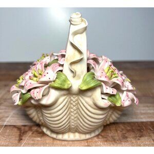 Vintage Italian Bisque Flower Basket Figurine Pink Lilies Decorative Ceramic